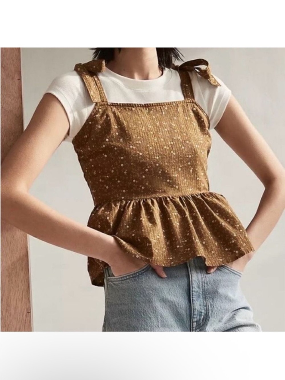 Madewell Mustard Brown Rosalie Tie Strap Top in Daisy Stitch Size Medium